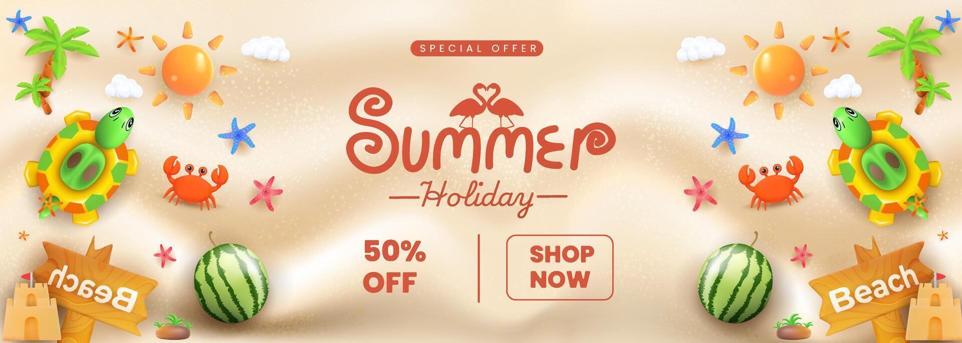 Beach Themed Summer Holiday Sale Banner Featuring Tropical Elements and Icons vector