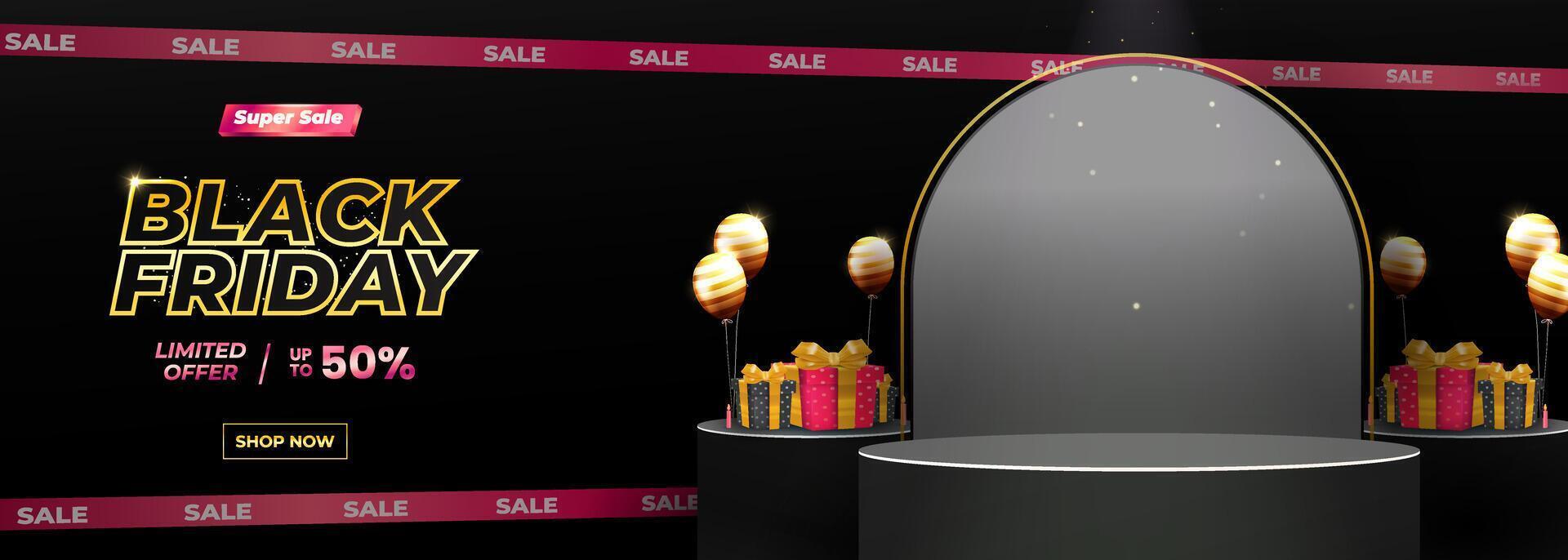 Black Friday Sale Promotion Banner with Display Stand and Gift Boxes vector