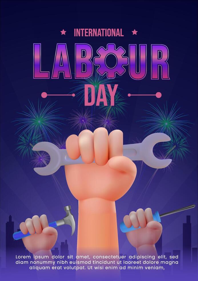 Poster International Labour Day Celebration With Tools and Fireworks vector