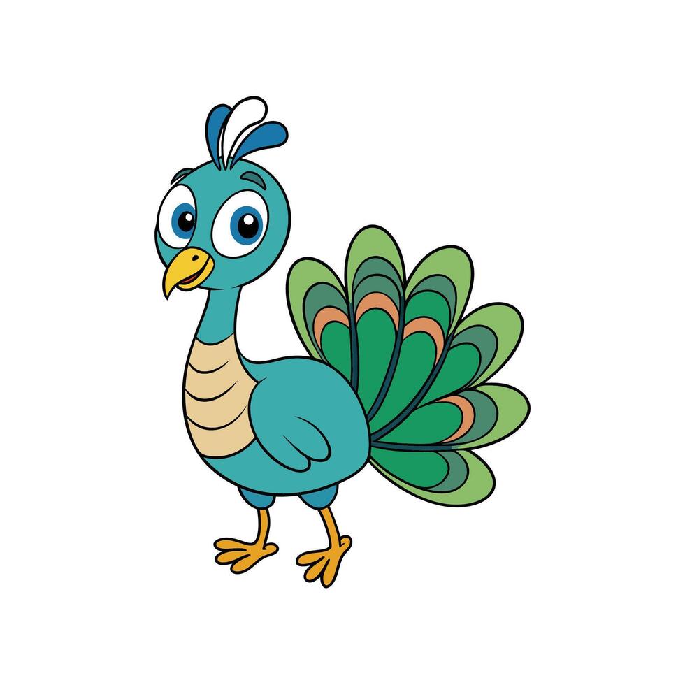 Cartoon peacock illustration with whimsical design on white background vector