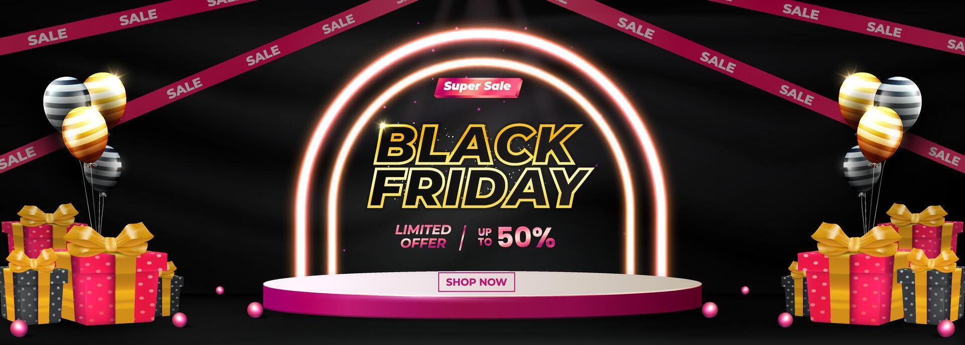Festive Black Friday Sale Banner with Neon Lights and Gift Displays vector