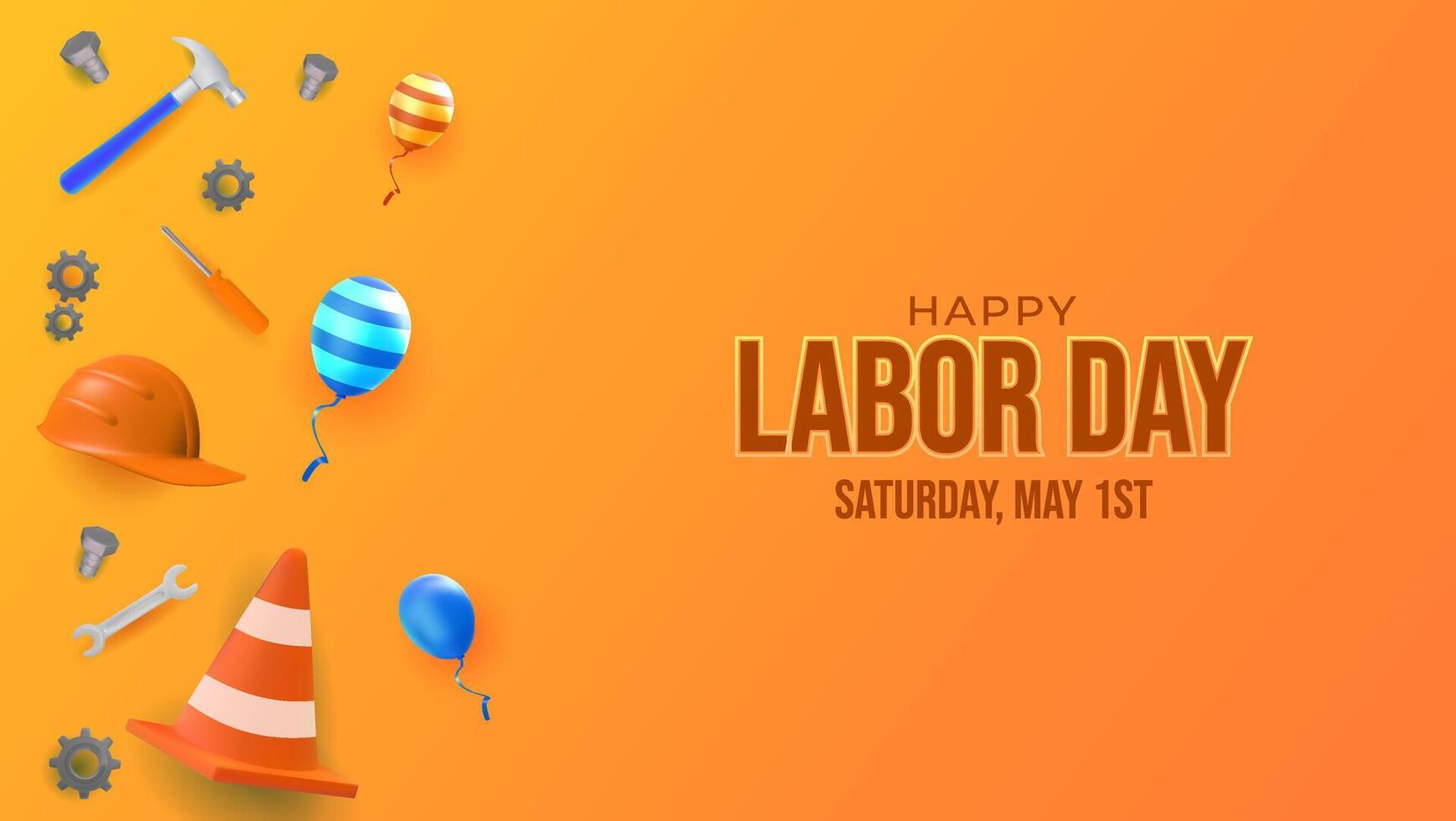 Happy Labor Day Celebration with Tools and Balloons on Orange Background vector
