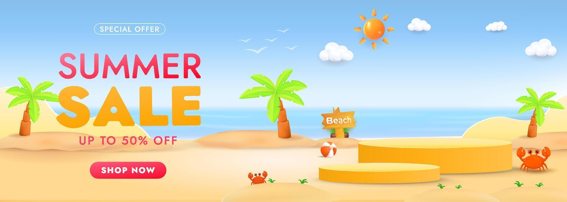 Summer Sale Promotional Banner with Beach Background and Palm Trees vector