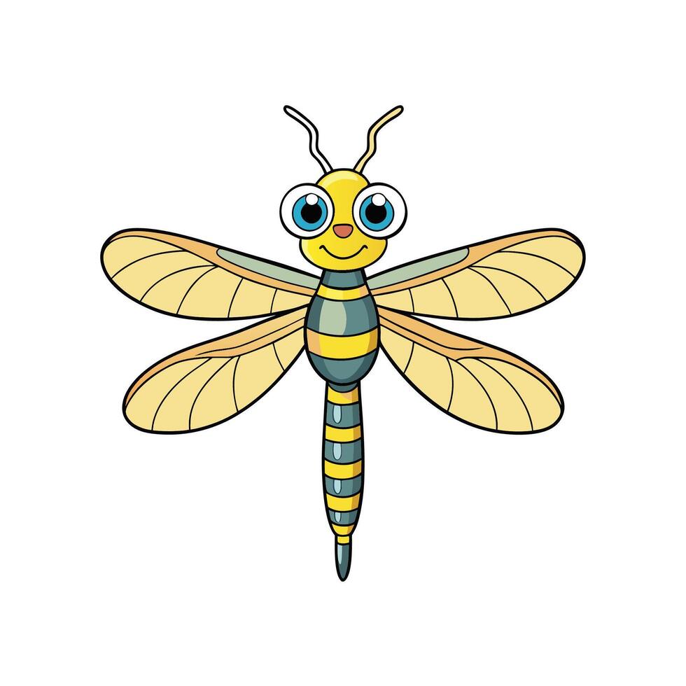 Smiling Cartoon Dragonfly with Detailed Wings on White Background vector