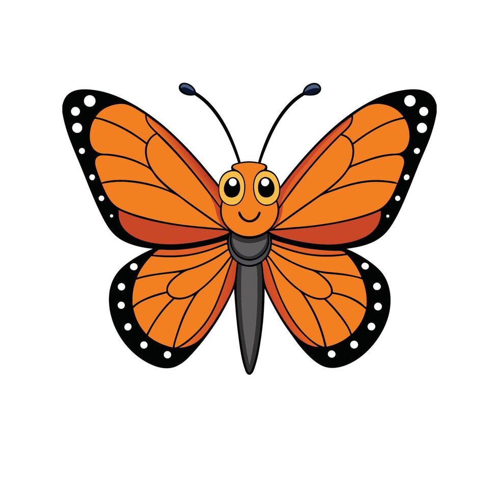 Cartoon monarch butterfly illustration with happy expression on white vector