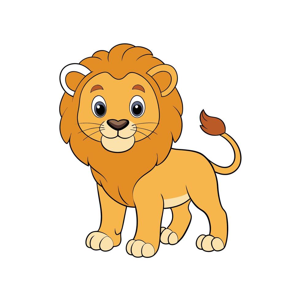 Cute cartoon lion with friendly expression stands isolated vector