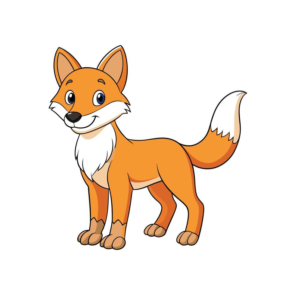 A cute cartoon fox stands isolated. Features orange fur and white accents. vector
