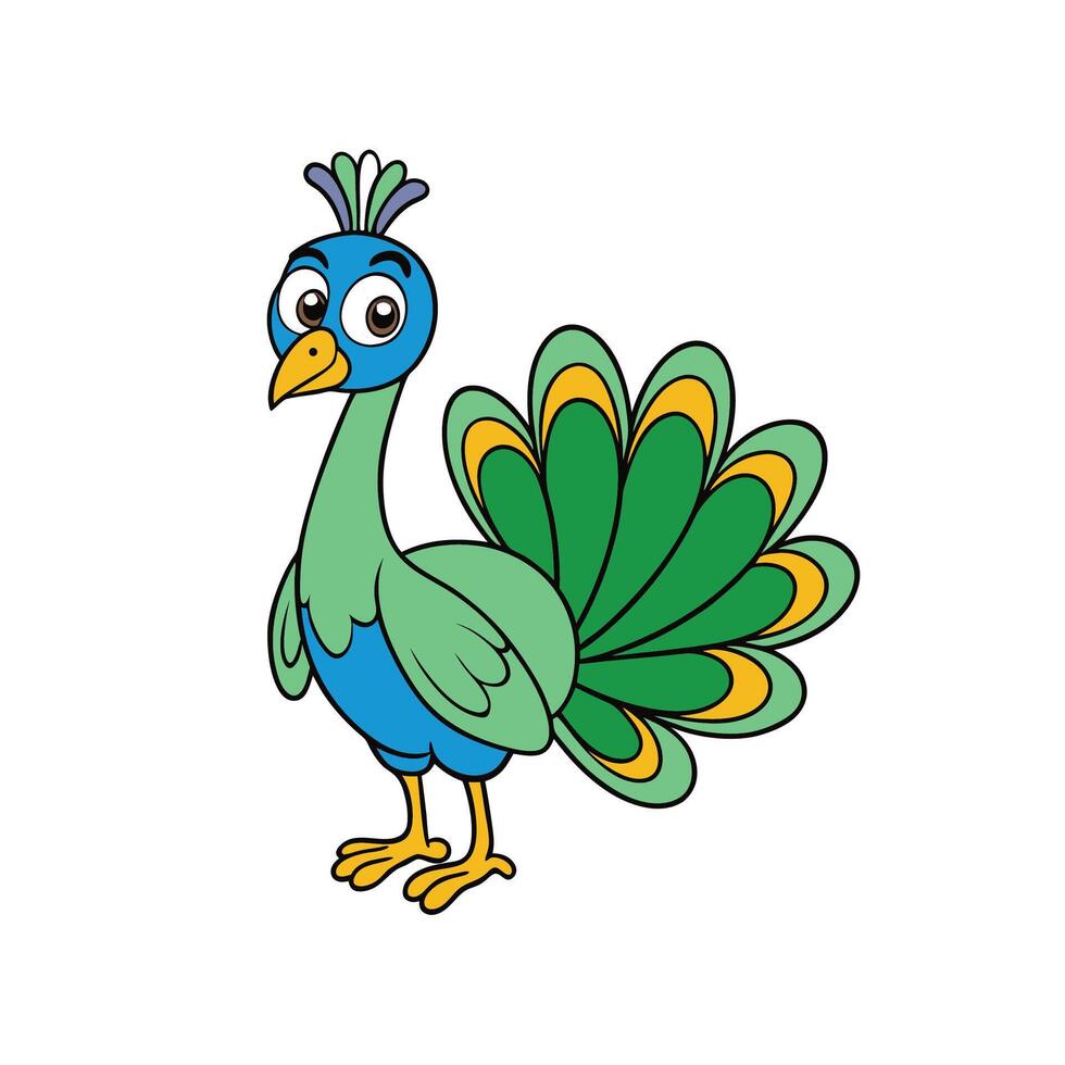 Cartoon peacock illustration with bold outline, vibrant colors, cheerful vector