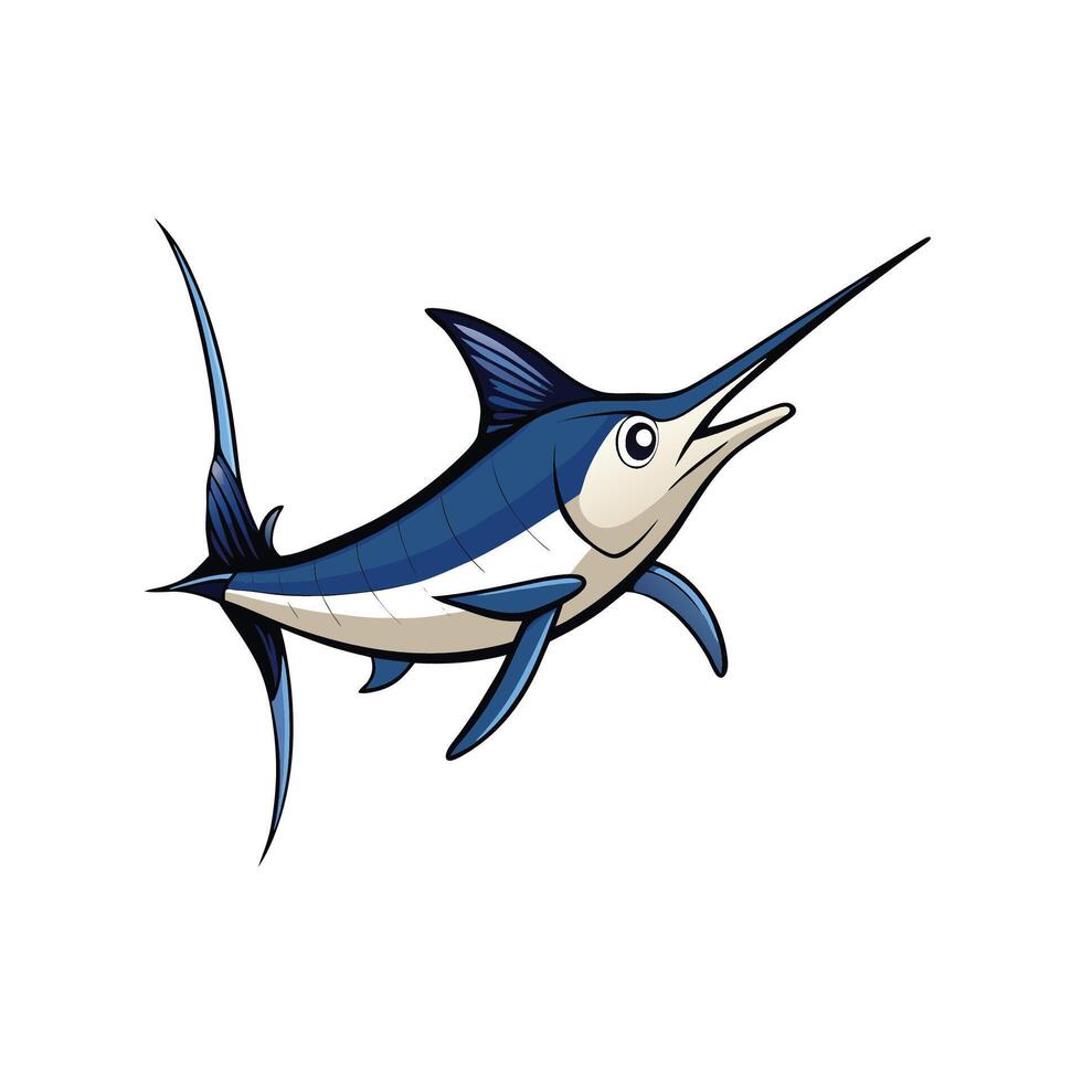 Cartoon marlin illustration on white background with black outline vector