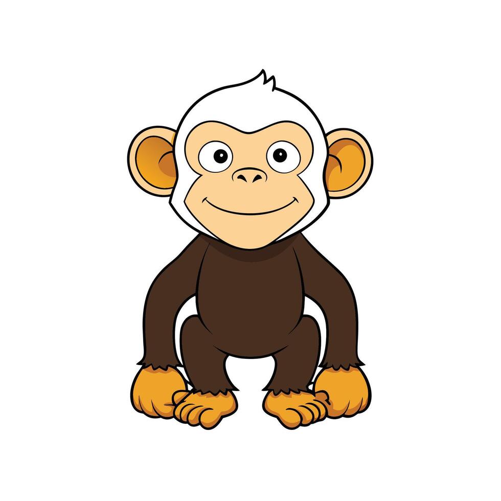 Cute cartoon monkey sitting upright, smiling on white backdrop vector