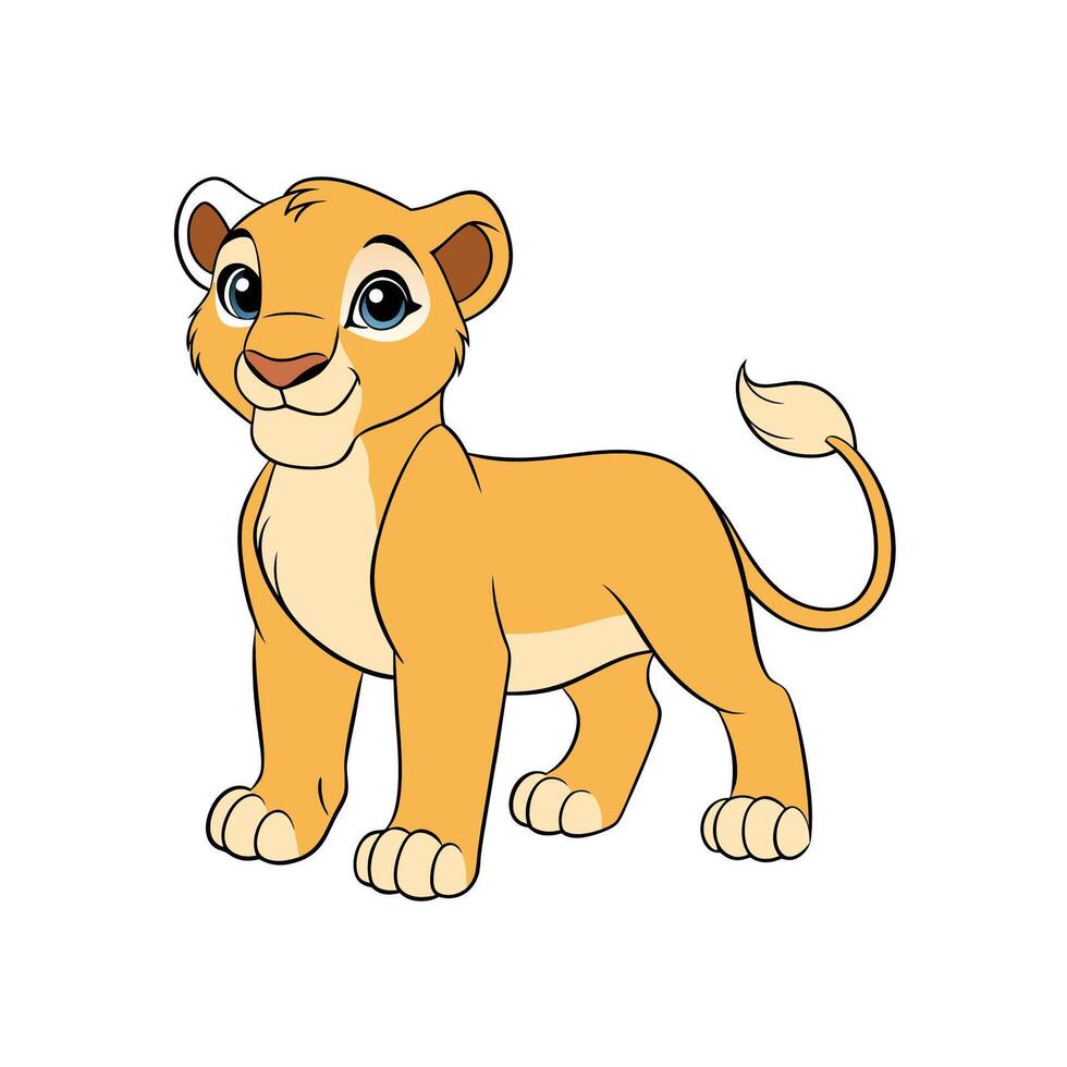 Cute cartoon lion cub stands confidently on white background vector