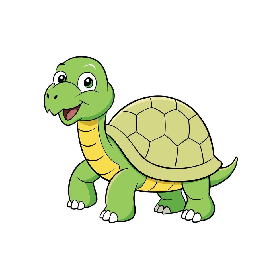 Cartoon Green Turtle Walking, Smiling, on White Background vector