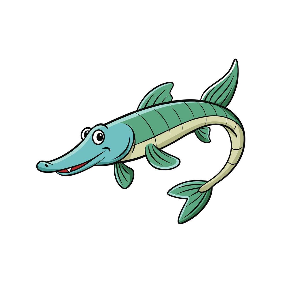 Cartoon gar fish illustration smiling on white background vector