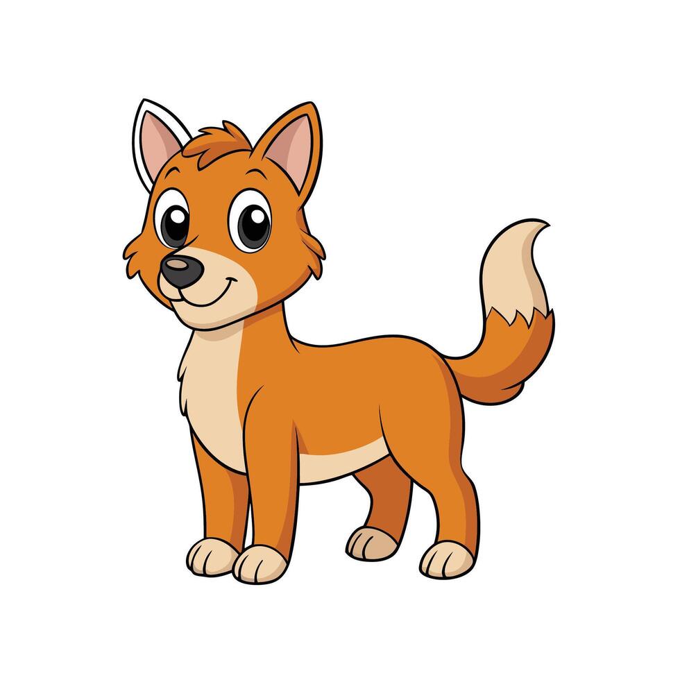 Friendly cartoon fox stands smiling. Depicted in a cheerful and illustrative style. vector