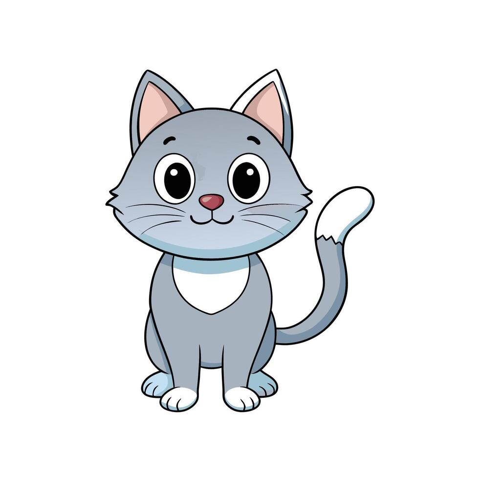 Cute gray cartoon cat with big eyes sitting upright vector