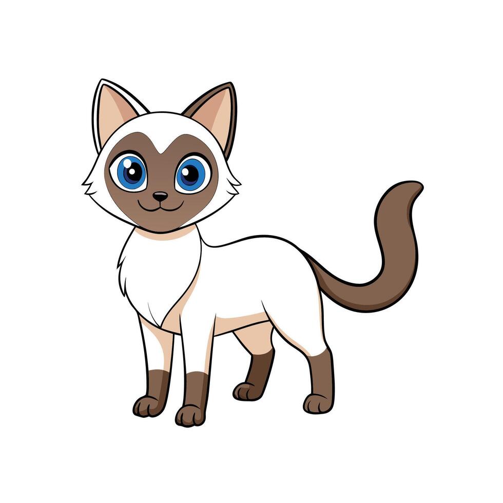 Cute Siamese Cat Cartoon Character Standing Isolated on White vector