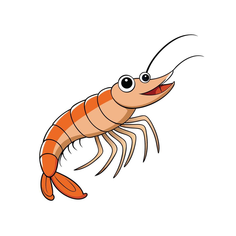 Cartoon shrimp illustration, happy and smiling, on white background vector