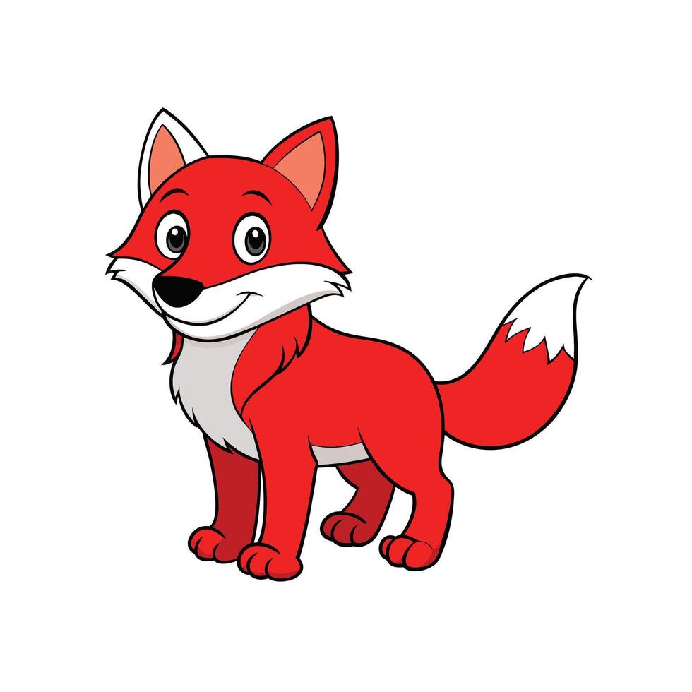 Cartoon red fox standing, outlined in black, smiling vector