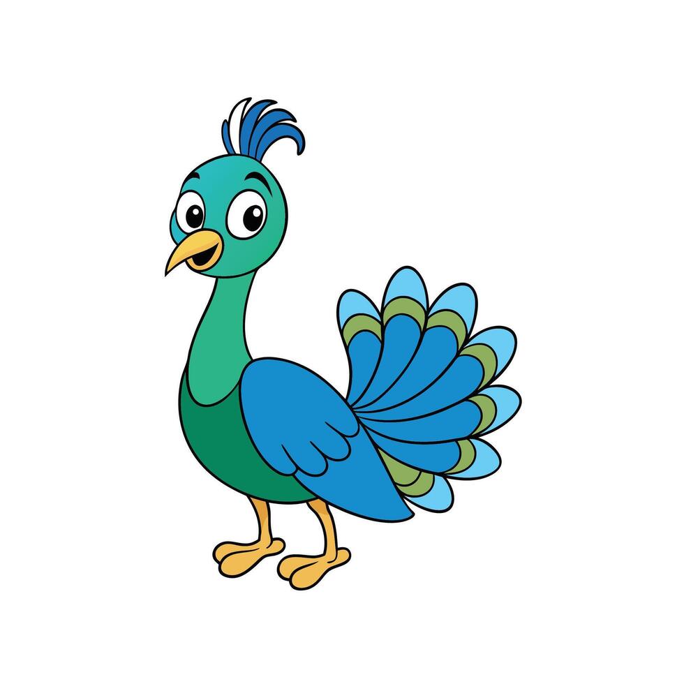 Whimsical Cartoon Peacock Illustration on White Background, Vibrant Colors vector