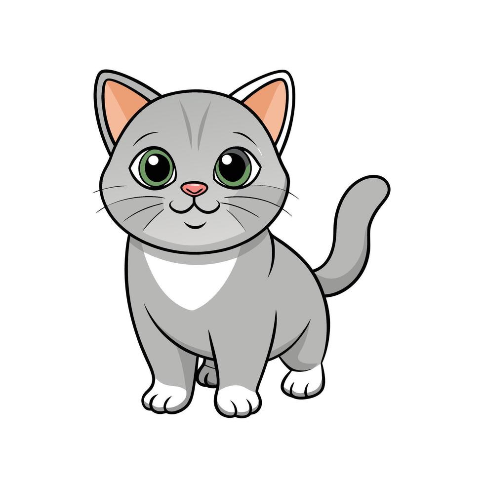 Cartoon kitten illustration featuring grey fur and green eyes vector