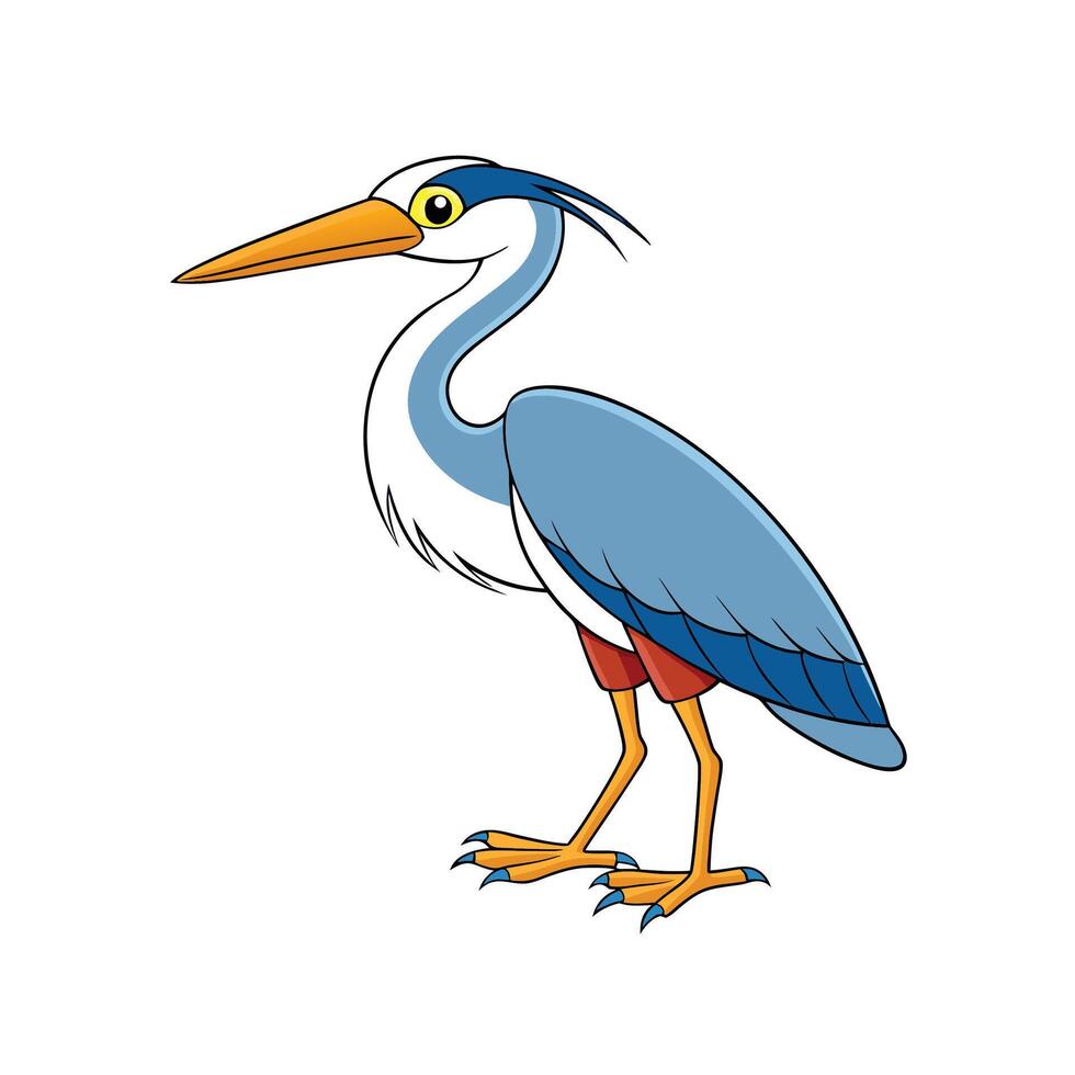 Cartoon heron illustration in blue, orange and white colors vector