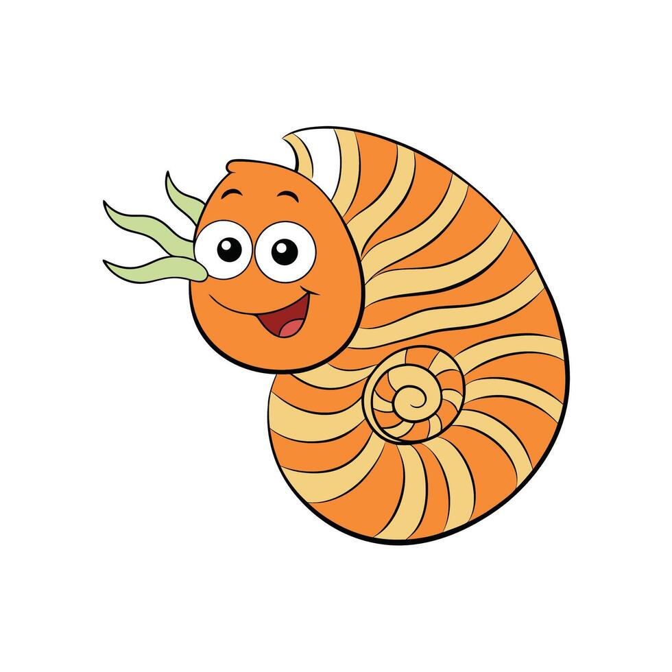 A cartoon depiction of a happy orange nautilus shell creature. Flat design. vector