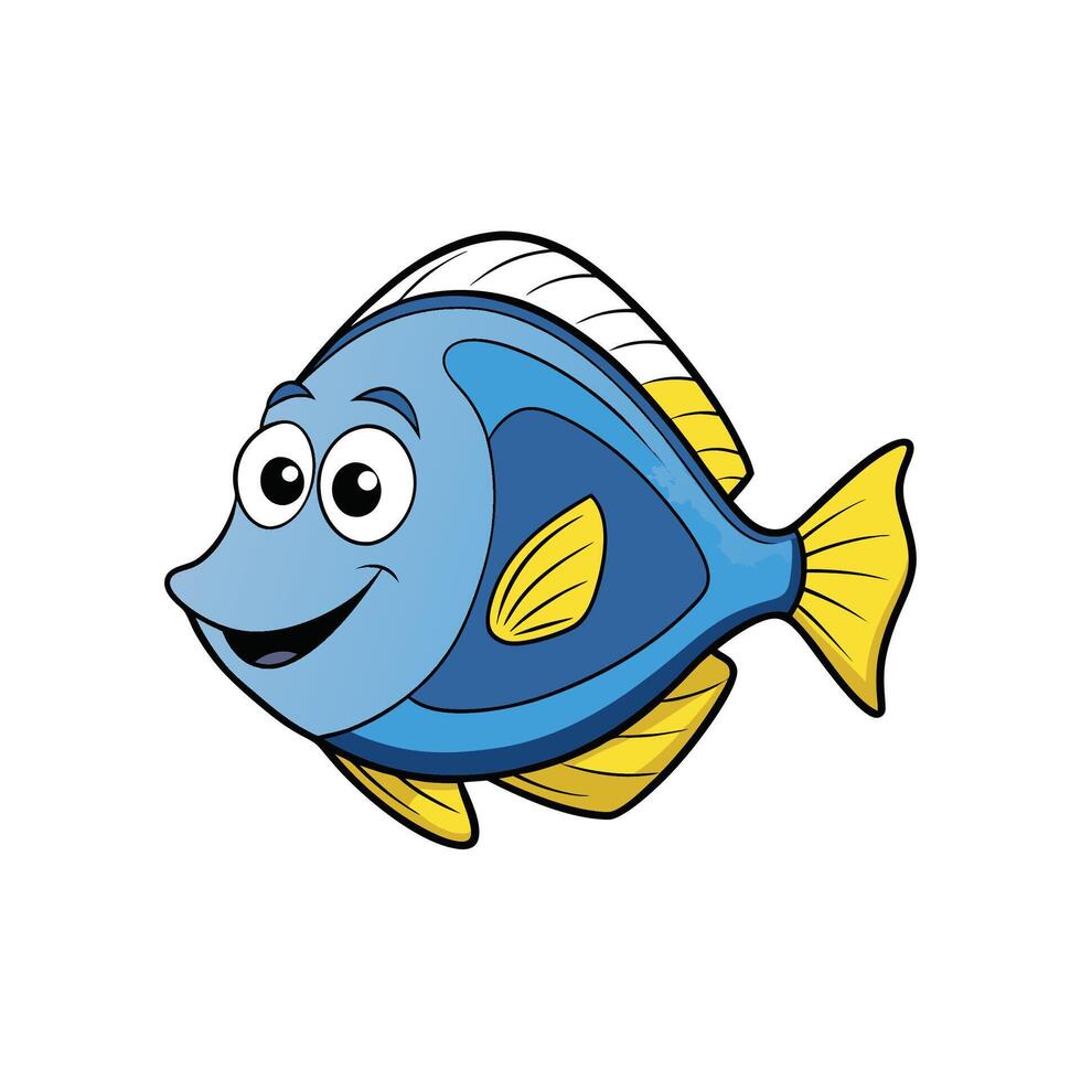 Cartoon Blue Fish with Yellow Fins Smiling Happily vector