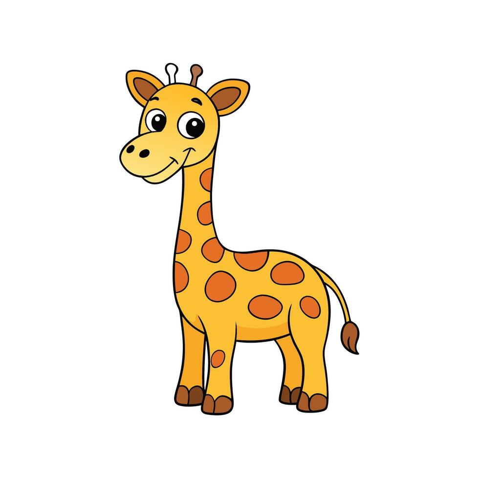 A cartoon giraffe stands, rendered in a cheerful graphic style. Features spots, long neck, and friendly smile. vector