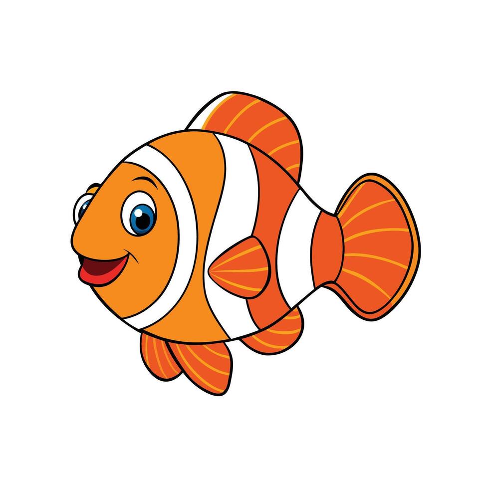 Cartoon clownfish illustration, orange and white stripes, smiling fish vector