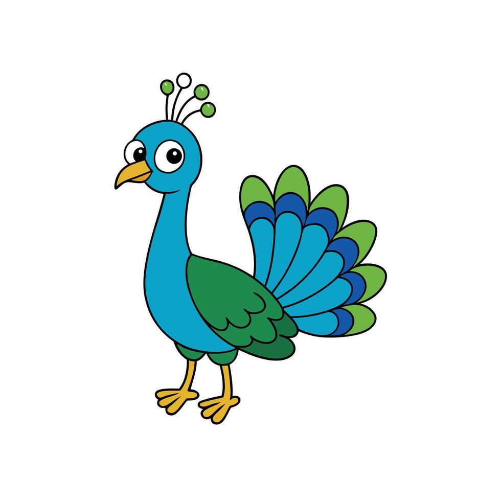Cute cartoon peacock with vibrant feathers and big eyes vector