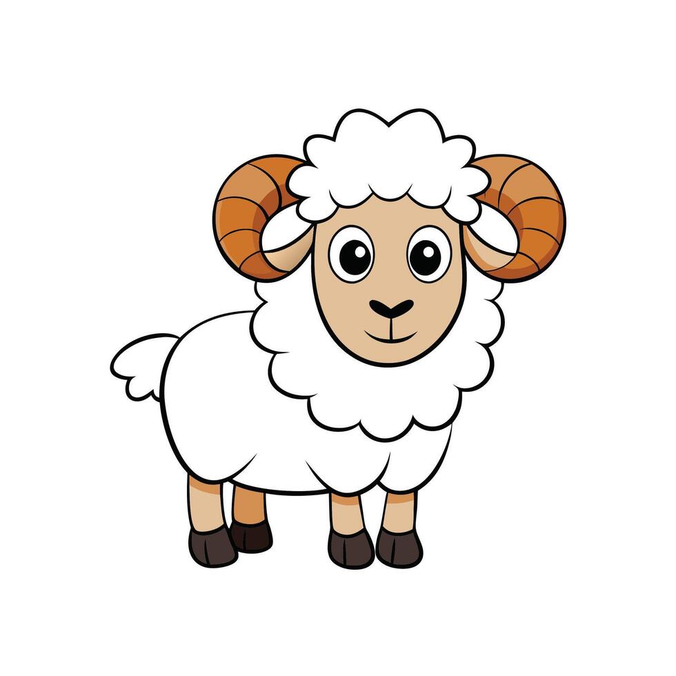 Cartoon Ram Illustration With Round Horns Standing On White vector