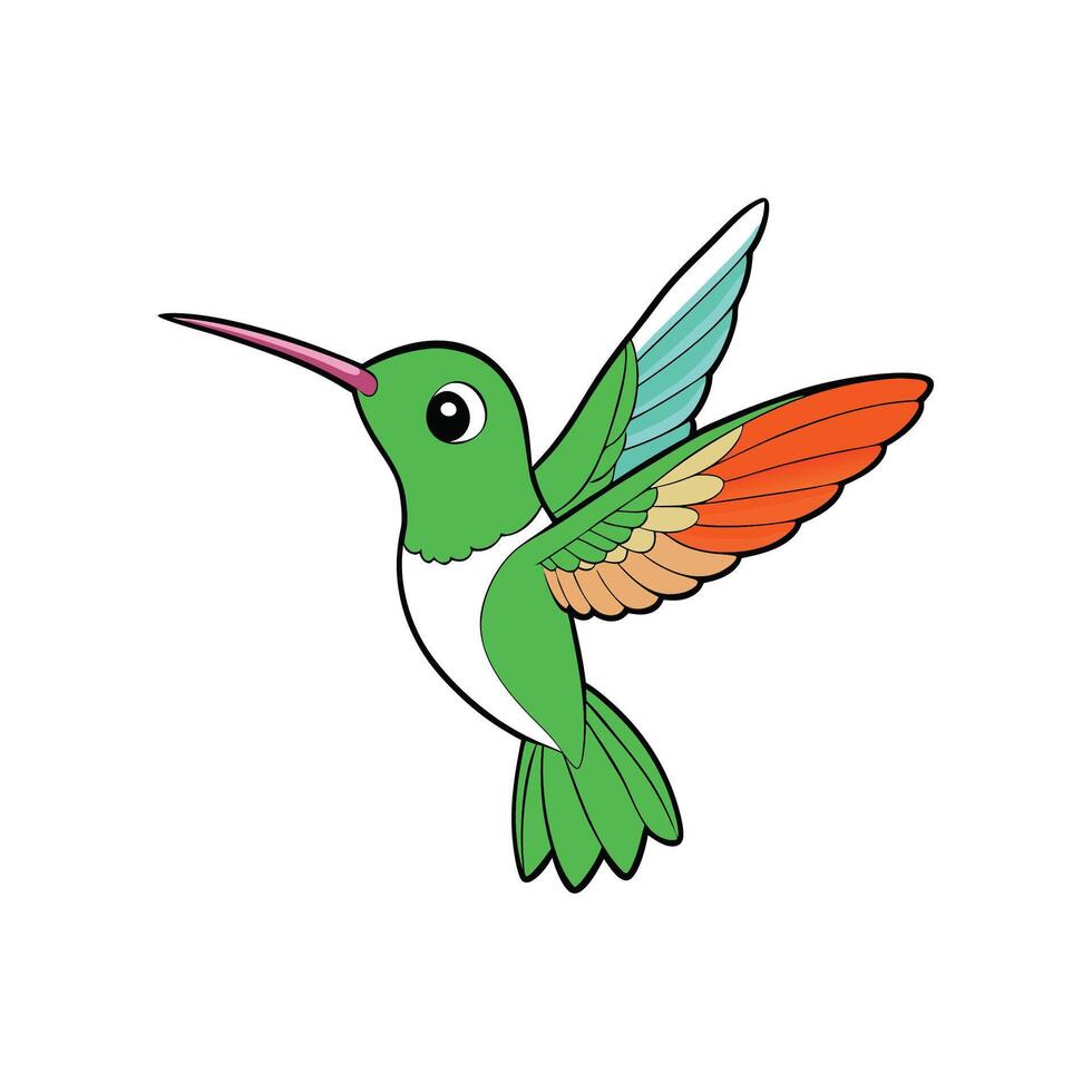 Cartoon hummingbird with vibrant wings hovering against white background vector