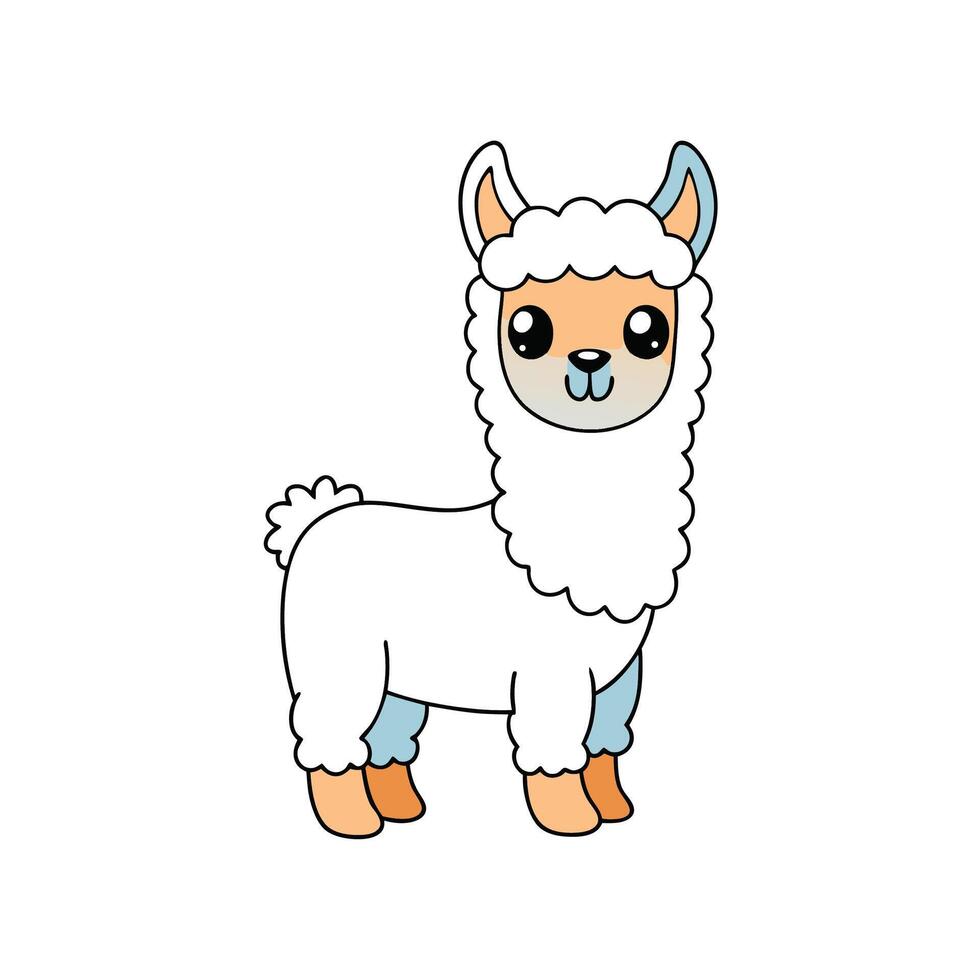 Cute cartoon llama with white fur and big eyes vector