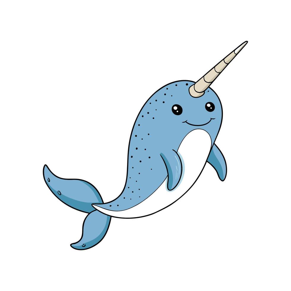 Cute cartoon narwhal swimming isolated on white background illustration vector