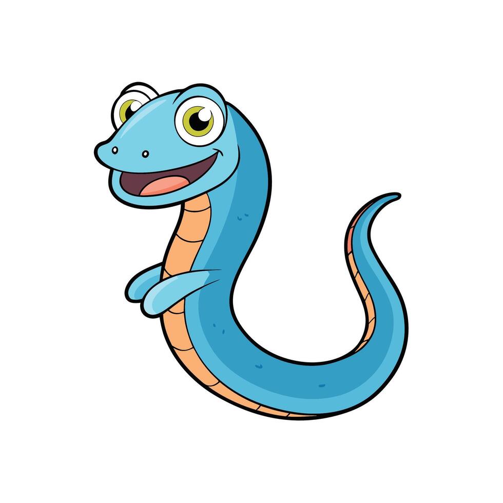 Cartoon blue snake with yellow eyes smiling happily isolated vector
