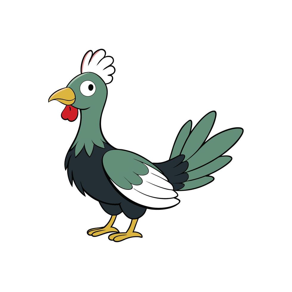 Cartoon chicken with green feathers and red comb vector