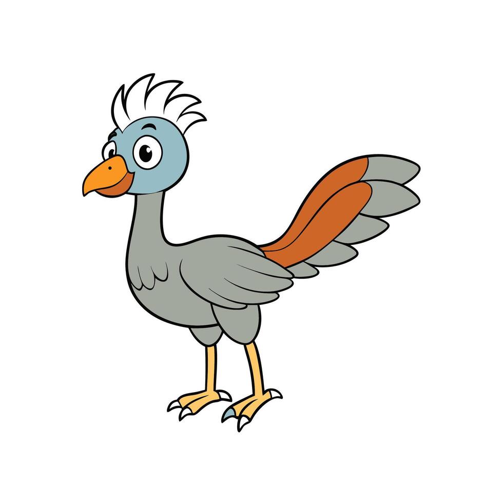 Cartoon bird with feathers and tail in profile view vector
