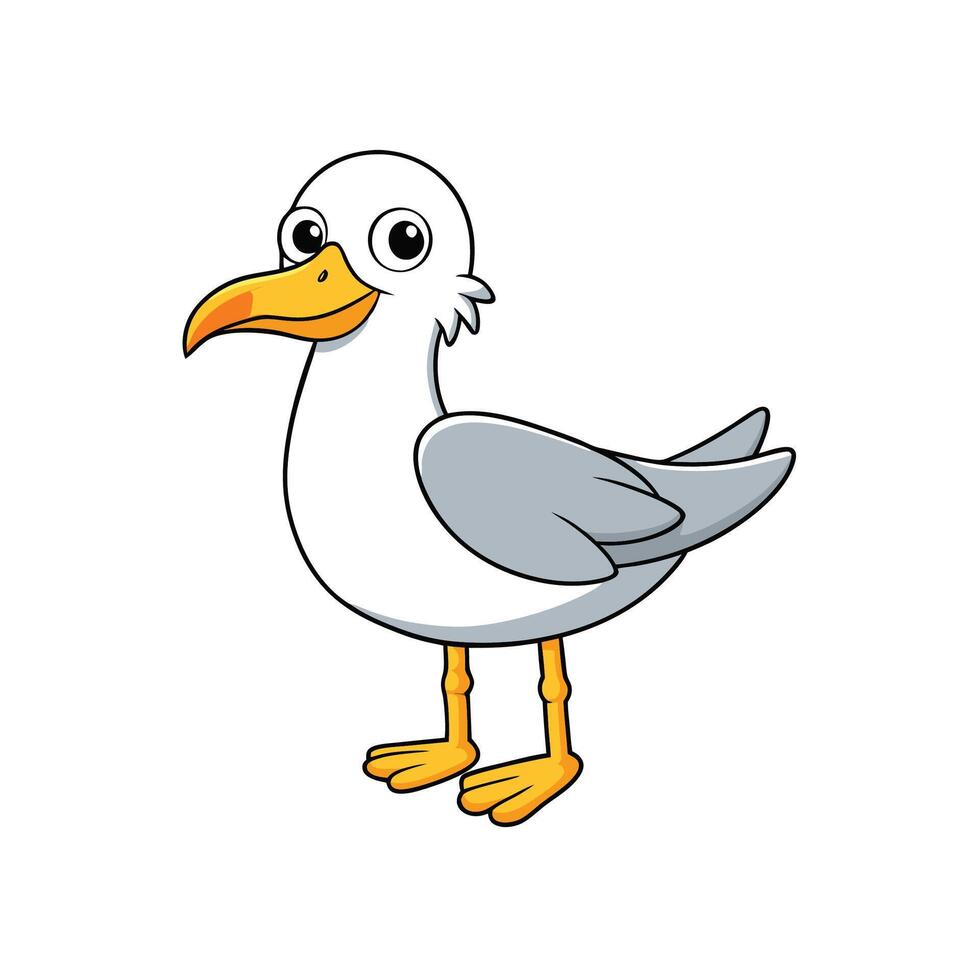 Full body cartoon seagull in cheerful and comical style standing on white background. vector