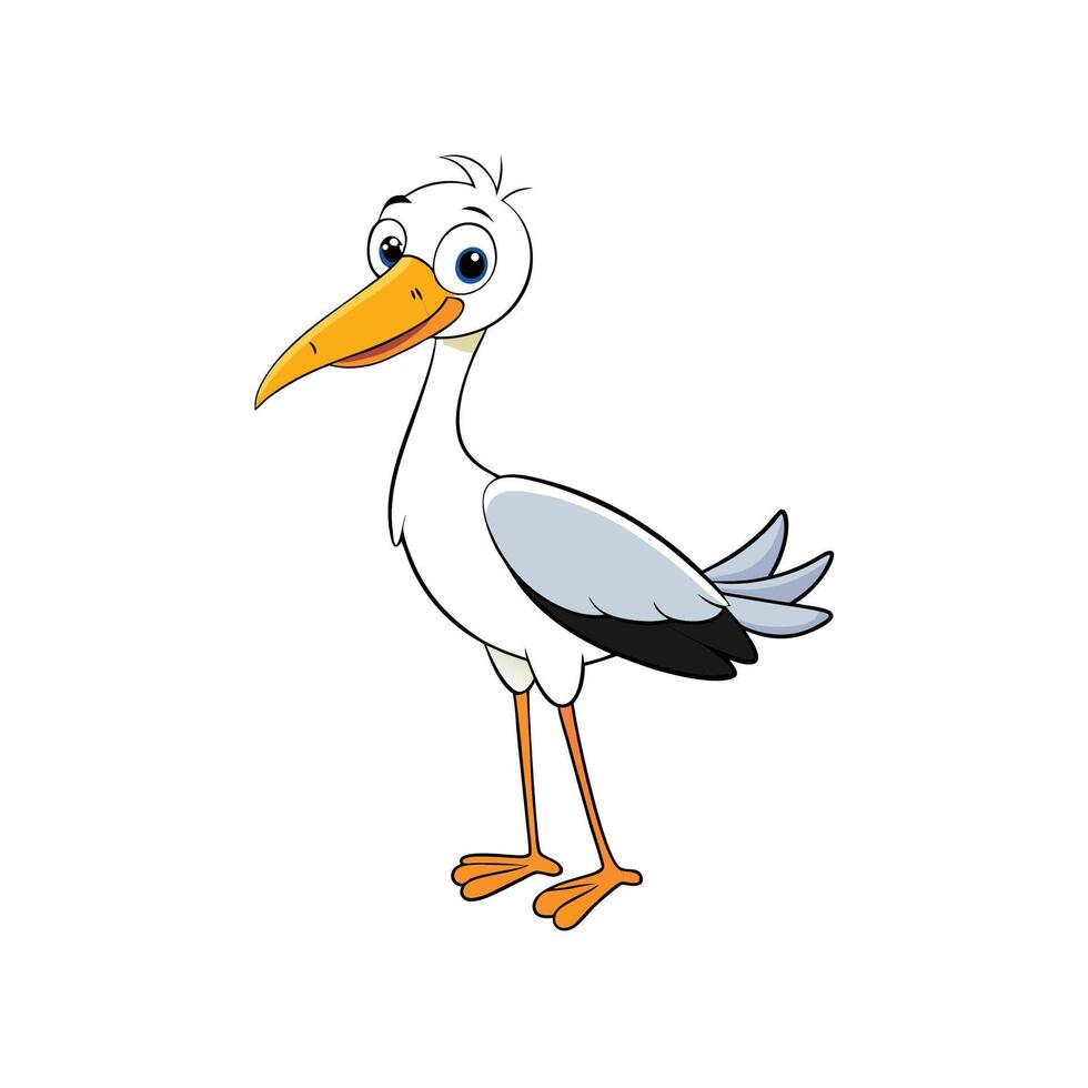 Cartoon stork illustration, white and gray, on white backdrop vector