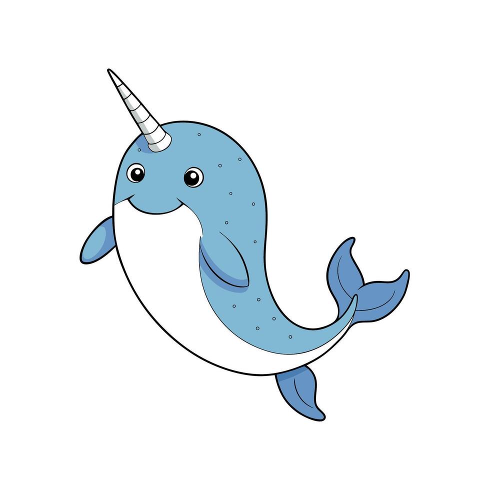 Cartoon narwhal with friendly face and white background vector