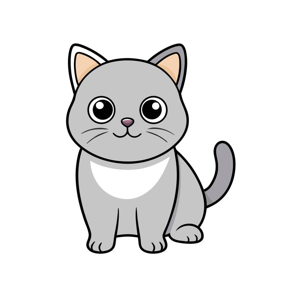 Cartoon gray cat with big eyes sitting happily vector