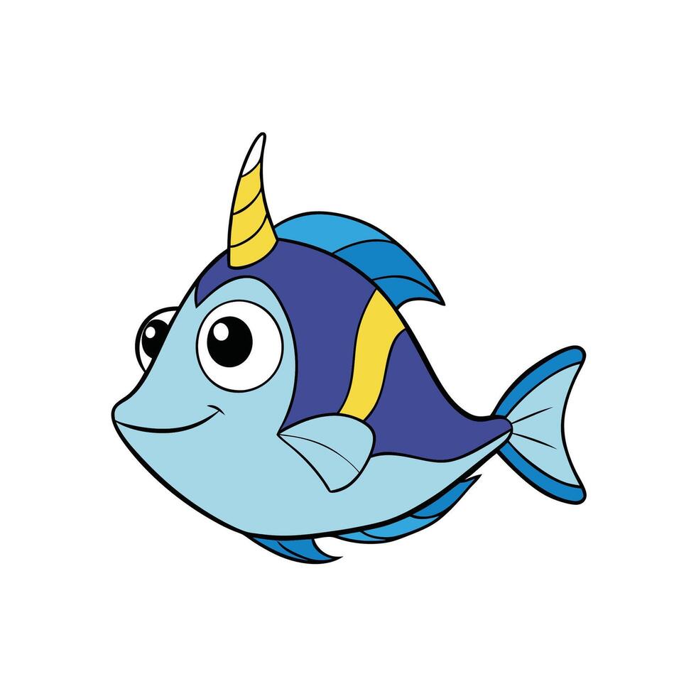Whimsical Cartoon Fish with Unicorn Horn on White Background vector