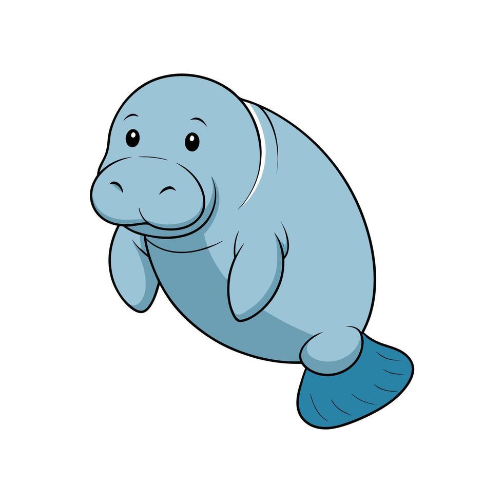 Cute Cartoon Manatee Character Swimming on a White Background vector