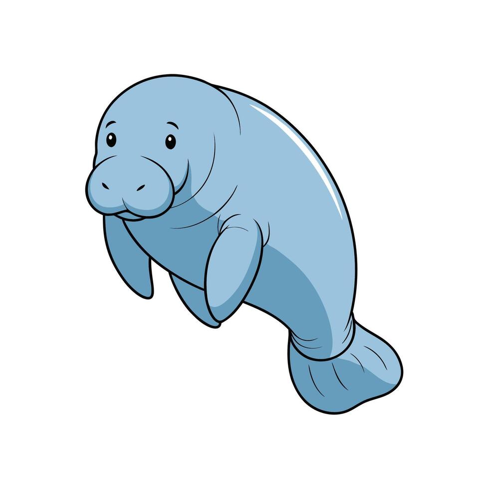 Cute Cartoon Manatee Swimming on White Background Stock Image vector