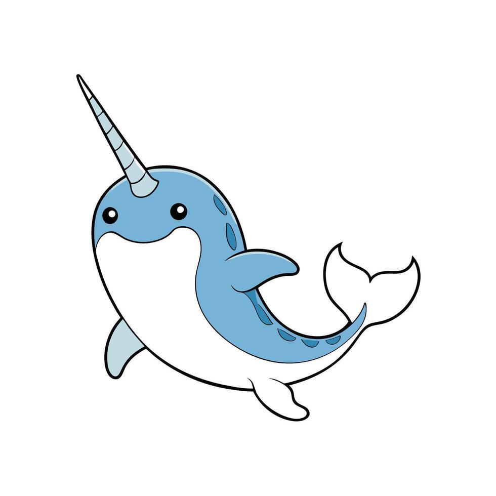 Cartoon narwhal swims happily through the clear blue ocean vector