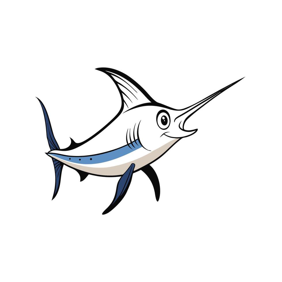 Cartoon marlin with long bill swims happily in ocean vector
