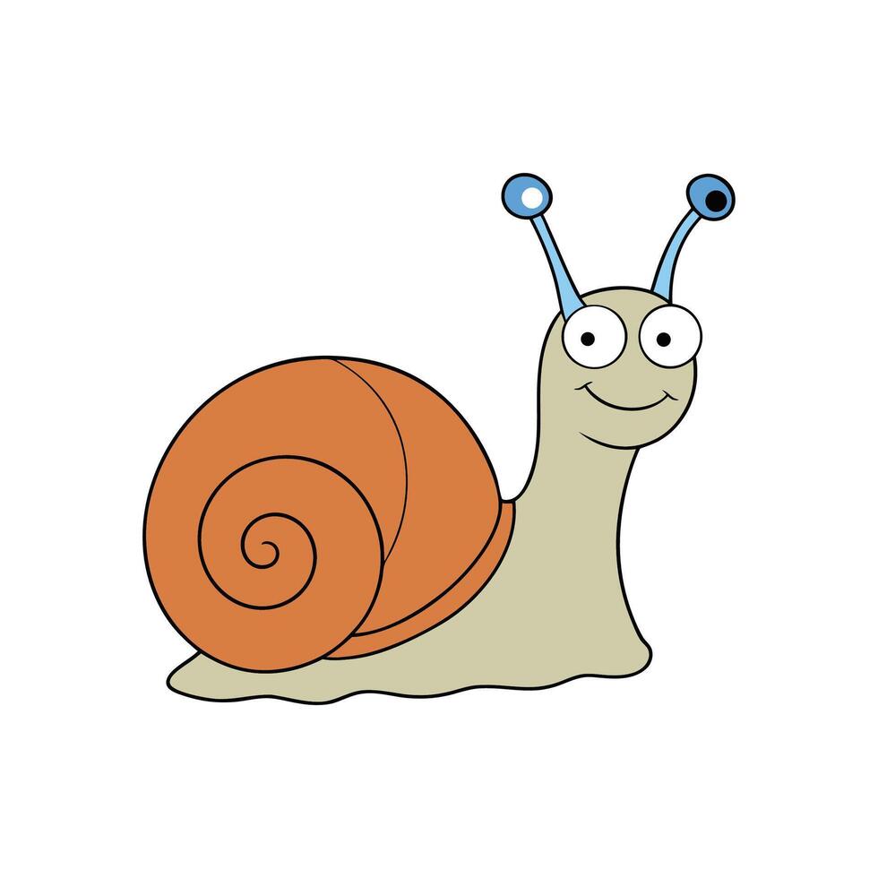 Cheerful cartoon snail with brown shell and blue antennae vector
