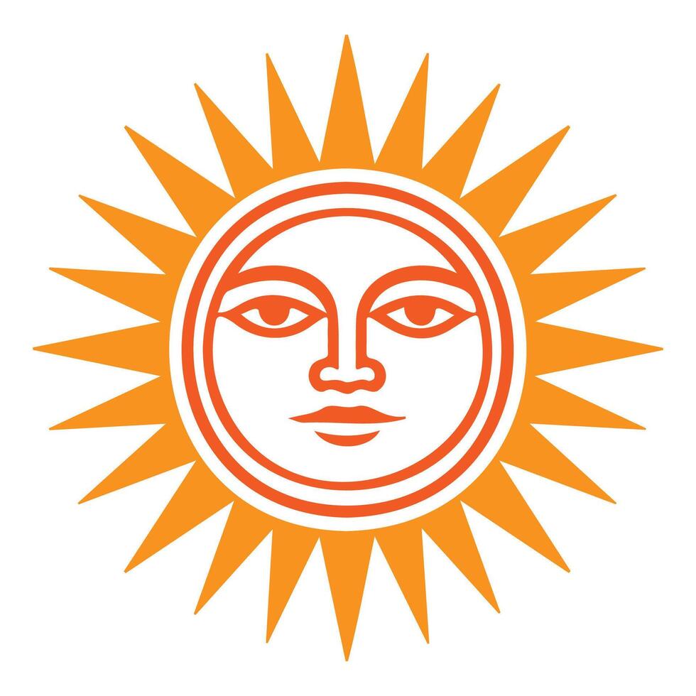 Illustration of a stylized sun with rays shining brightly featuring a face, symbolizing warmth, energy, and positivity in a simplistic design suitable for various uses vector