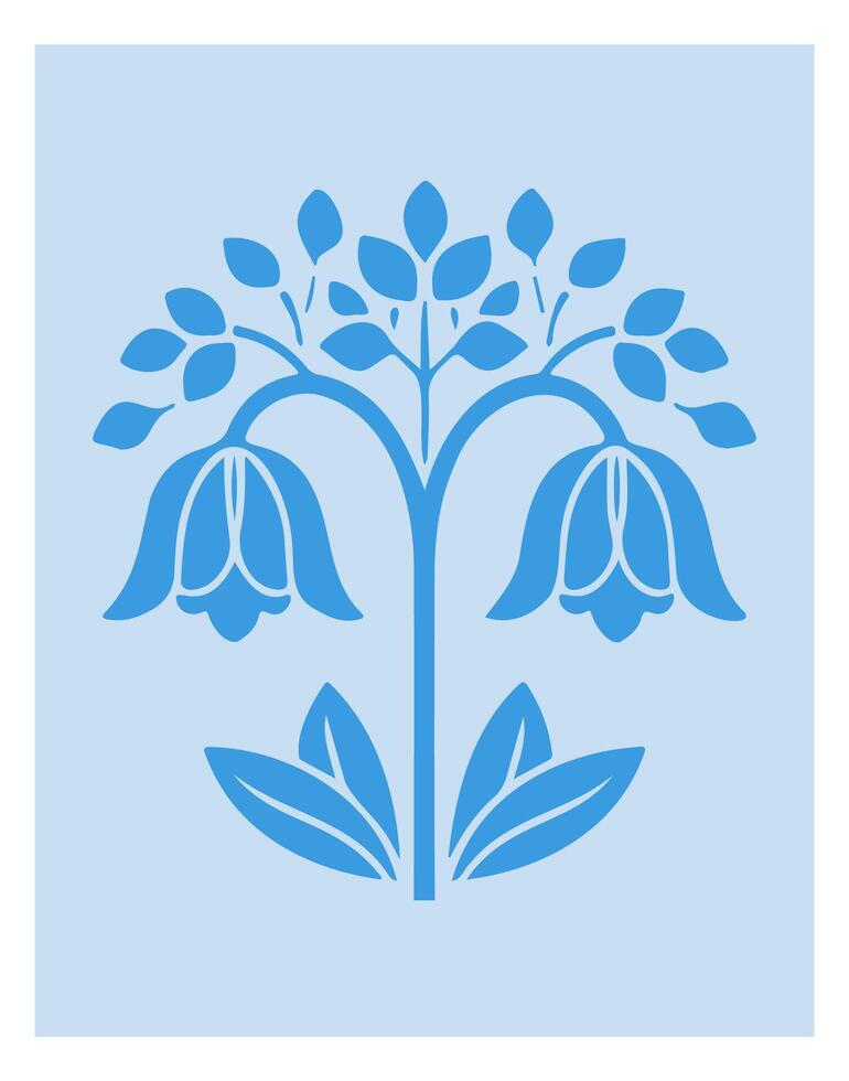 Floral illustration featuring blue bluebell flowers and leaves in a minimalistic design for garden enthusiasts. Modern folk art poster. vector
