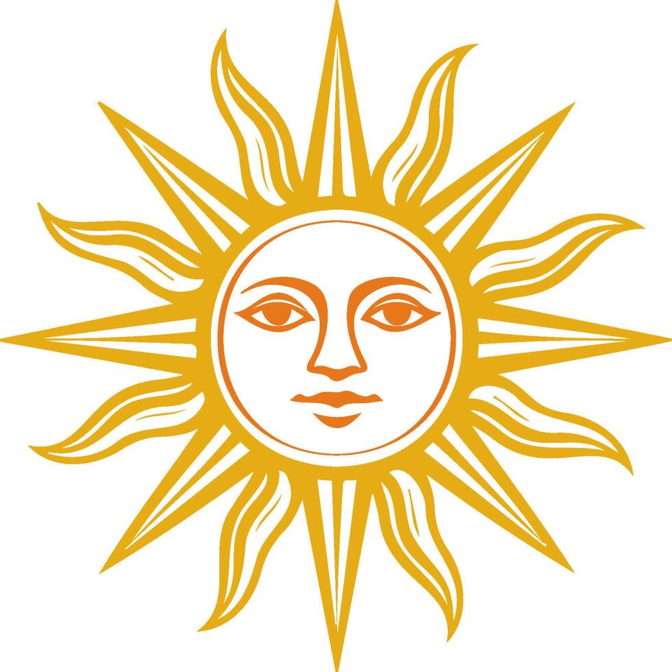 Golden sun illustration with facial features and radiating rays, emphasizing warmth and brightness in a creative design vector